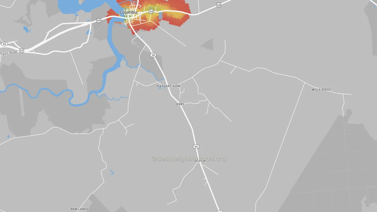 Walk Grade map of Pleasant View, NC, walkable areas in green and car-dependent areas in red
