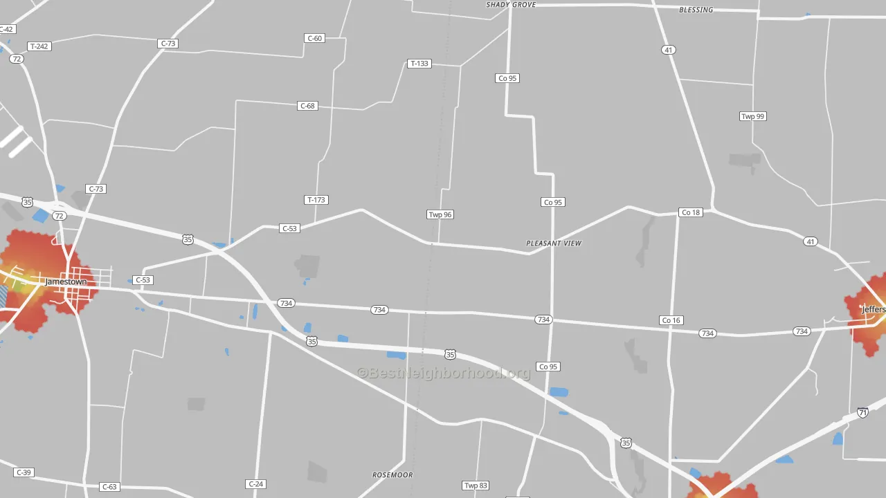 Walk Grade map of Pleasant View, OH, walkable areas in green and car-dependent areas in red