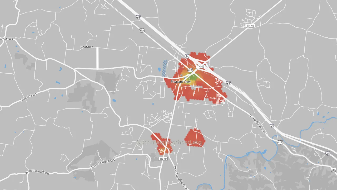 Walk Grade map of Pleasant View, TN, walkable areas in green and car-dependent areas in red