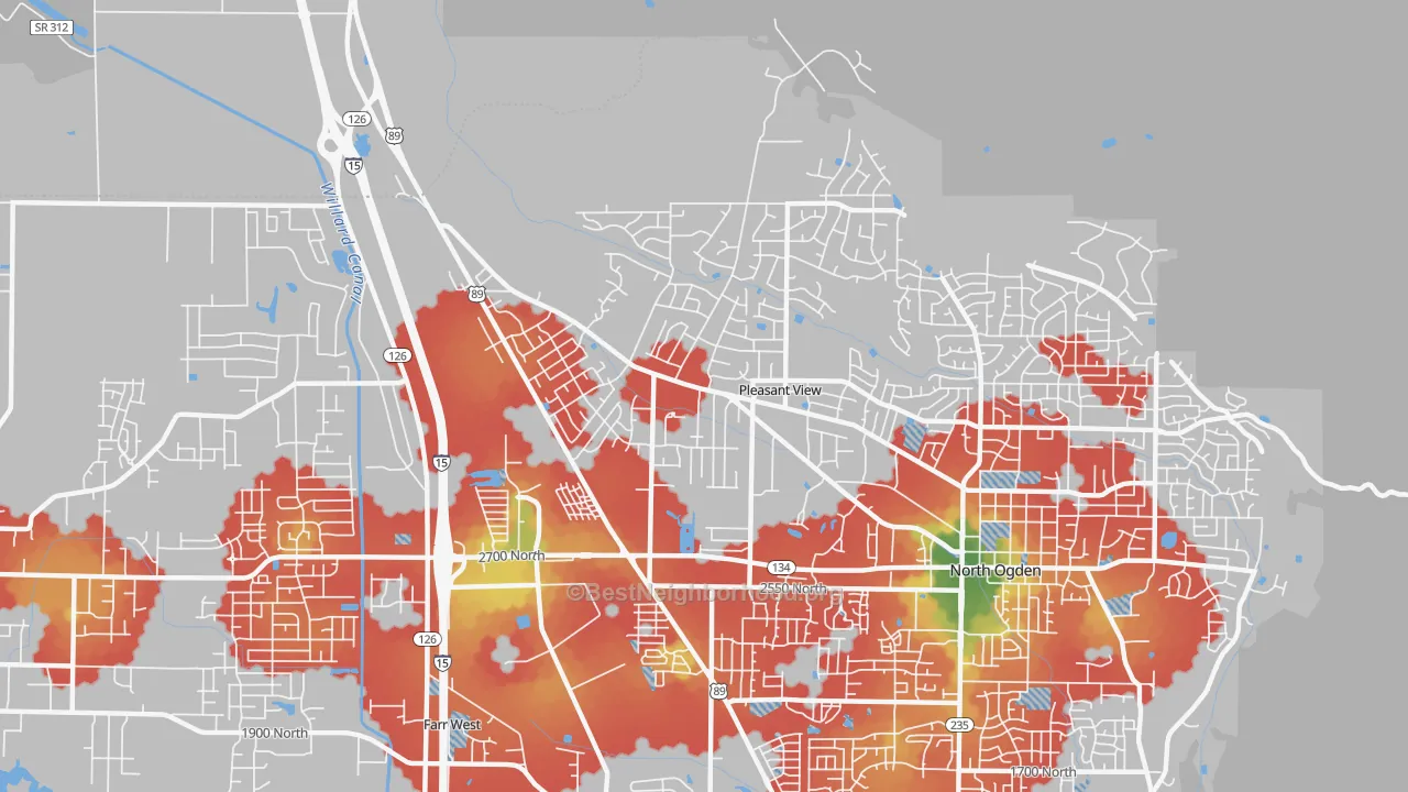 Walk Grade map of Pleasant View, UT, walkable areas in green and car-dependent areas in red
