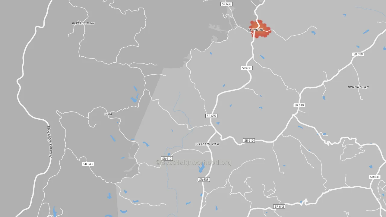 Walk Grade map of Pleasant View, VA, walkable areas in green and car-dependent areas in red