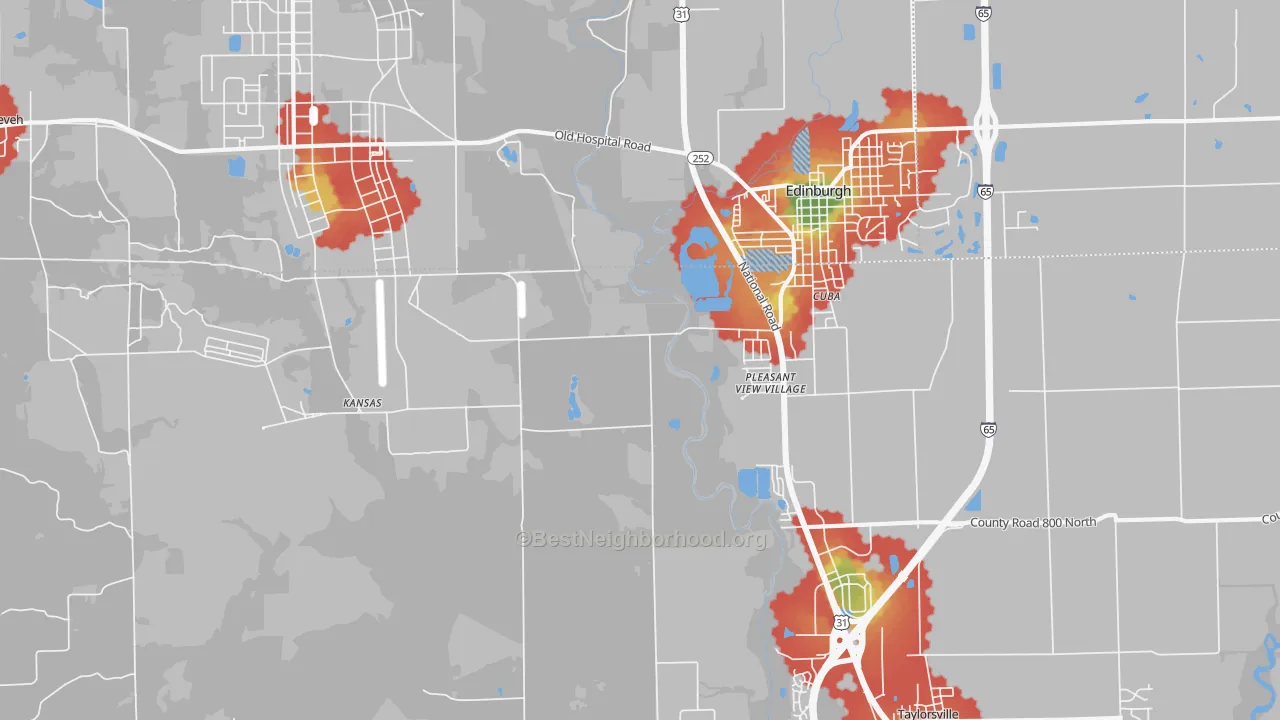 Walk Grade map of Pleasant View Village, IN, walkable areas in green and car-dependent areas in red