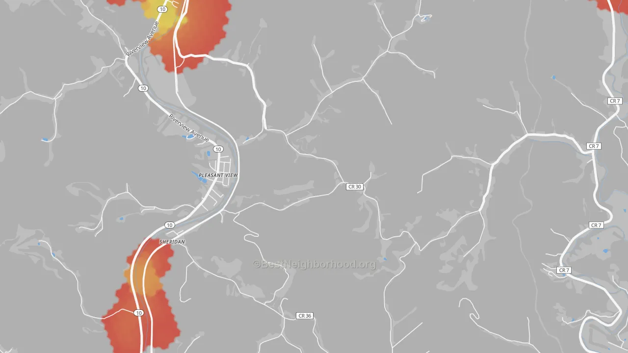 Walk Grade map of Pleasant View, WV, walkable areas in green and car-dependent areas in red