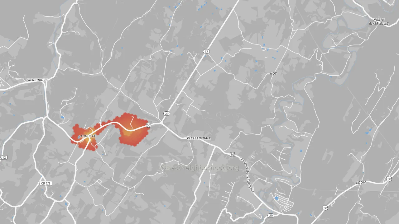 Walk Grade map of Pleasantdale, WV, walkable areas in green and car-dependent areas in red