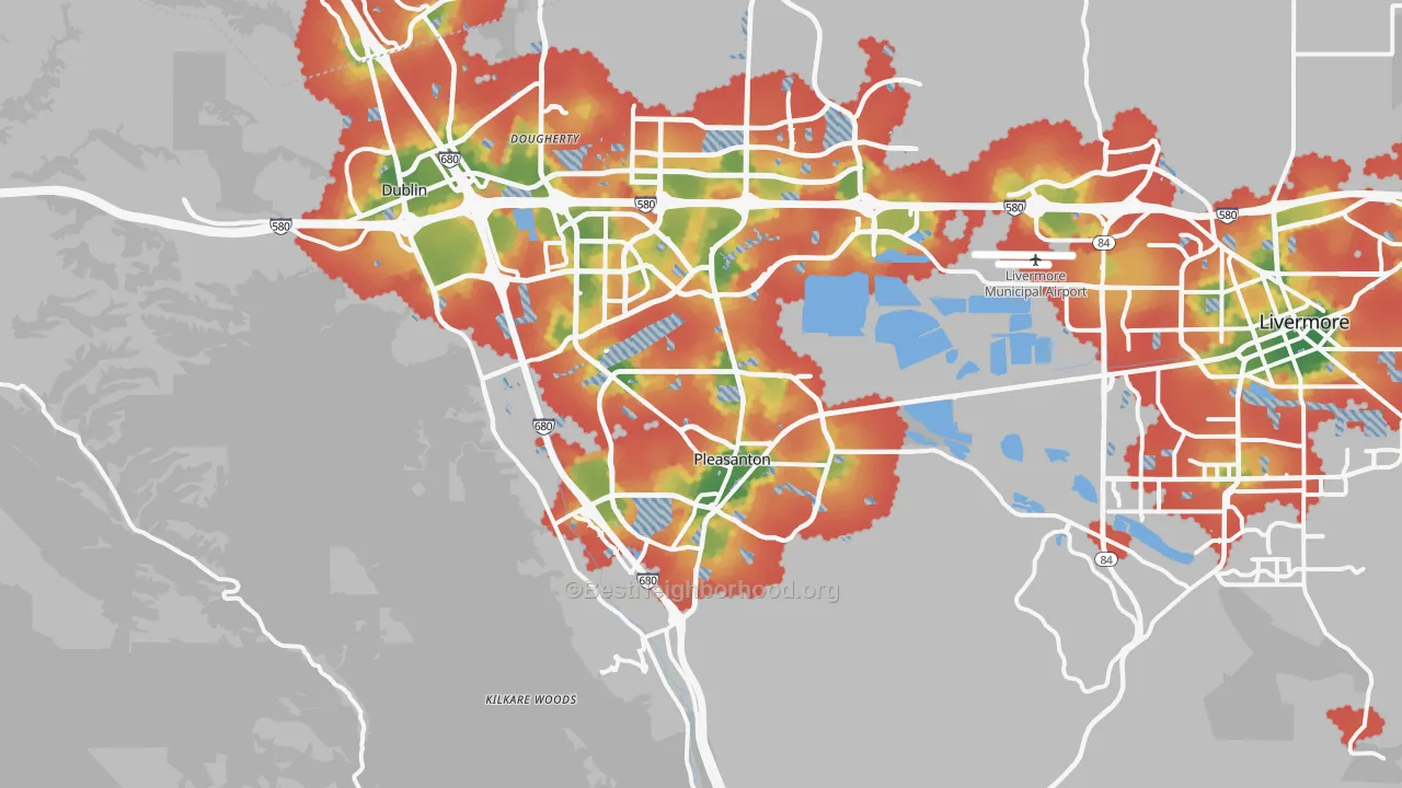 Walk Grade map of Pleasanton, CA, walkable areas in green and car-dependent areas in red