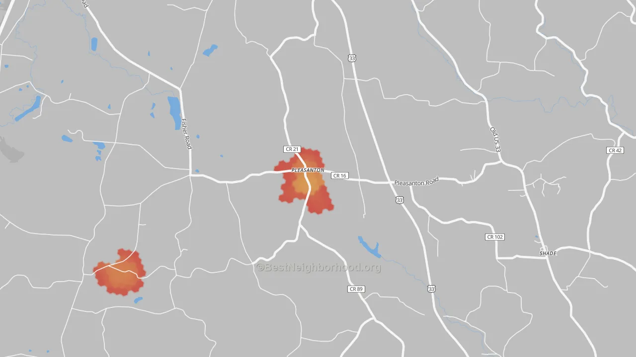 Walk Grade map of Pleasanton, OH, walkable areas in green and car-dependent areas in red
