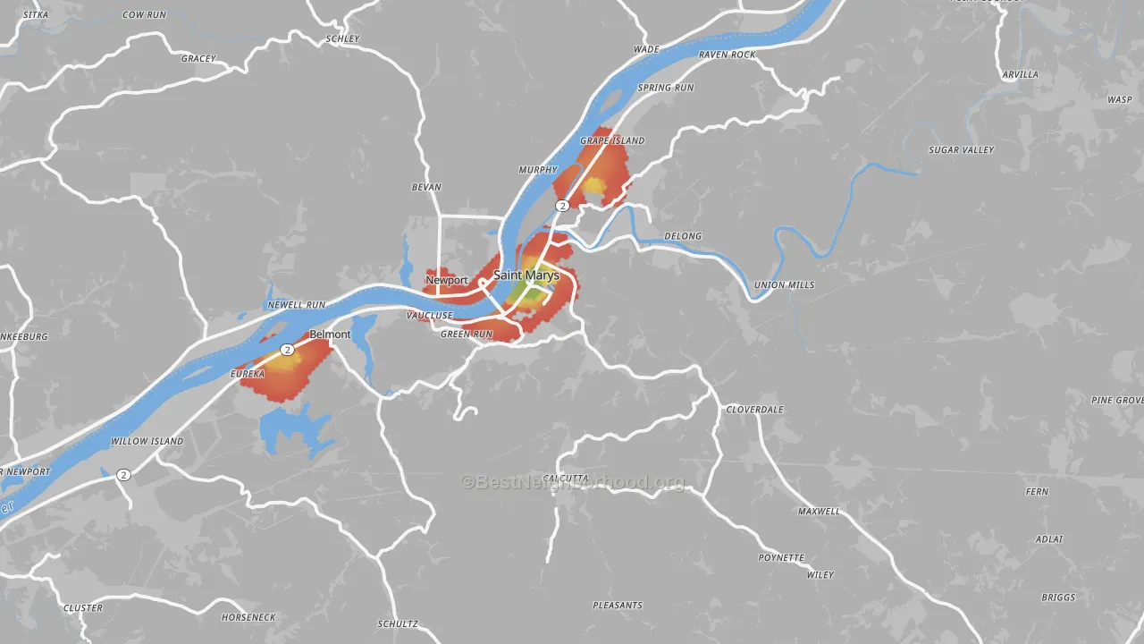 Walk Grade map of Pleasants County, WV, walkable areas in green and car-dependent areas in red