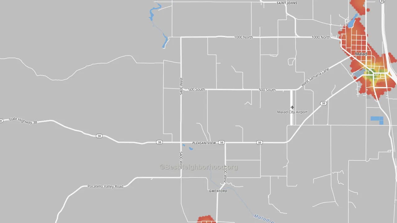 Walk Grade map of Pleasantview, ID, walkable areas in green and car-dependent areas in red