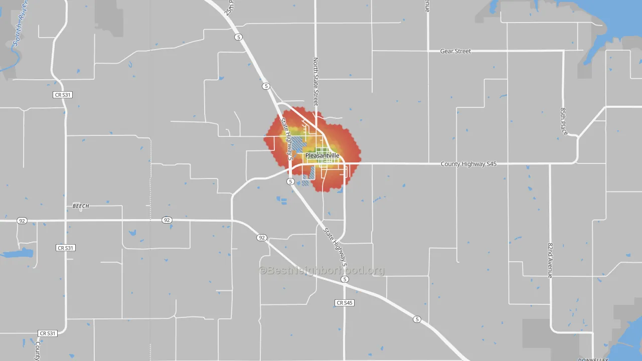 Walk Grade map of Pleasantville, IA, walkable areas in green and car-dependent areas in red