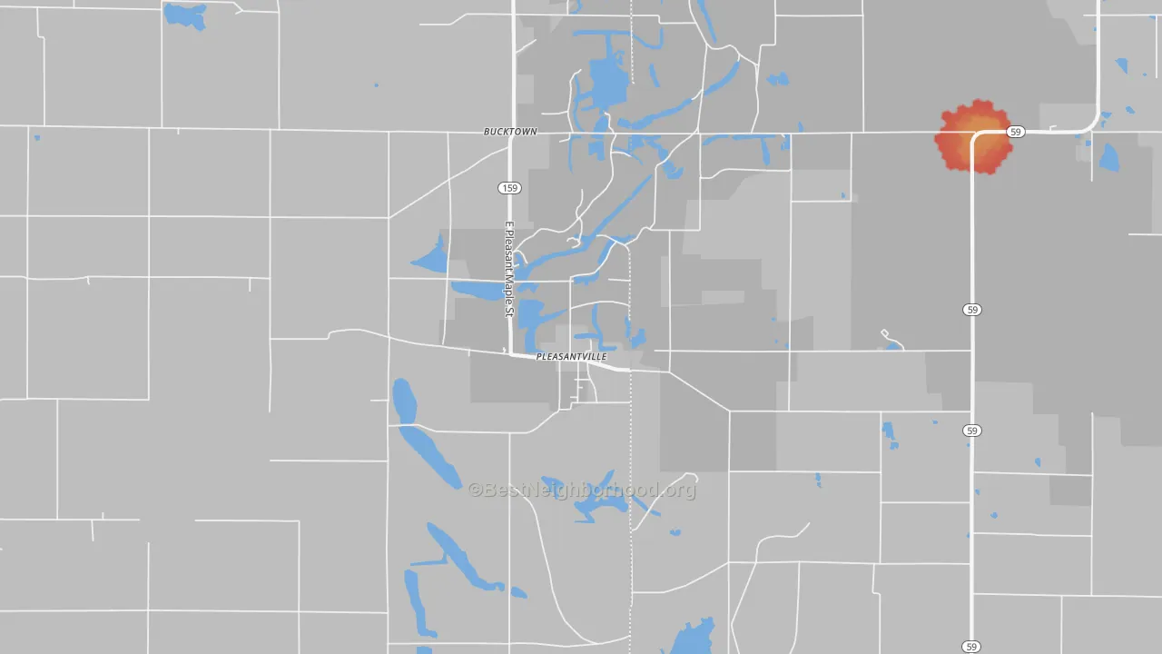 Walk Grade map of Pleasantville, IN, walkable areas in green and car-dependent areas in red
