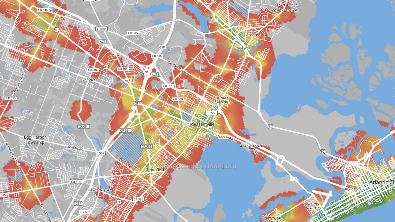 Walk Grade map of Pleasantville, NJ, walkable areas in green and car-dependent areas in red