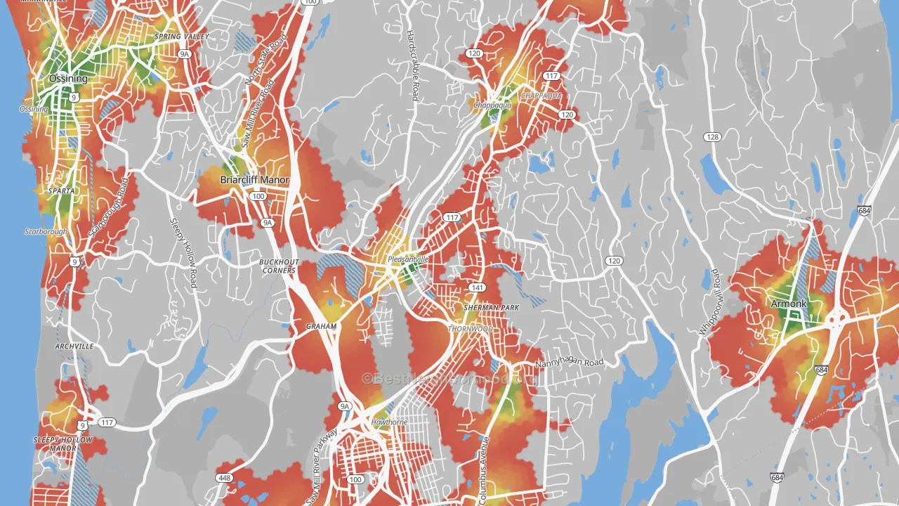 Walk Grade map of Pleasantville, NY, walkable areas in green and car-dependent areas in red
