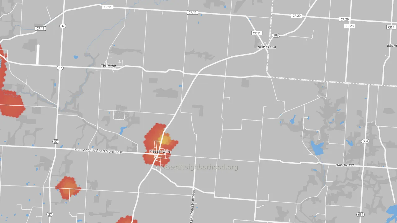 Walk Grade map of Pleasantville, OH, walkable areas in green and car-dependent areas in red