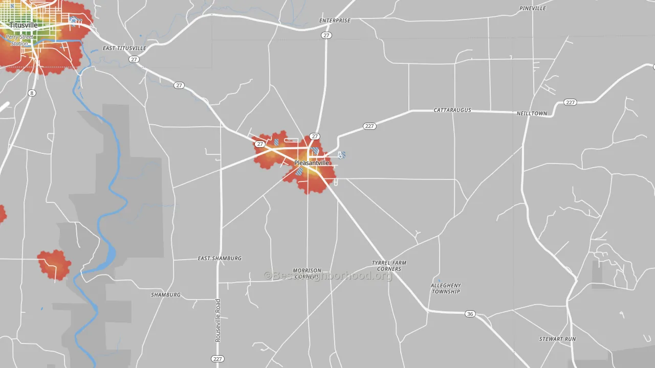 Walk Grade map of Pleasantville, PA, walkable areas in green and car-dependent areas in red