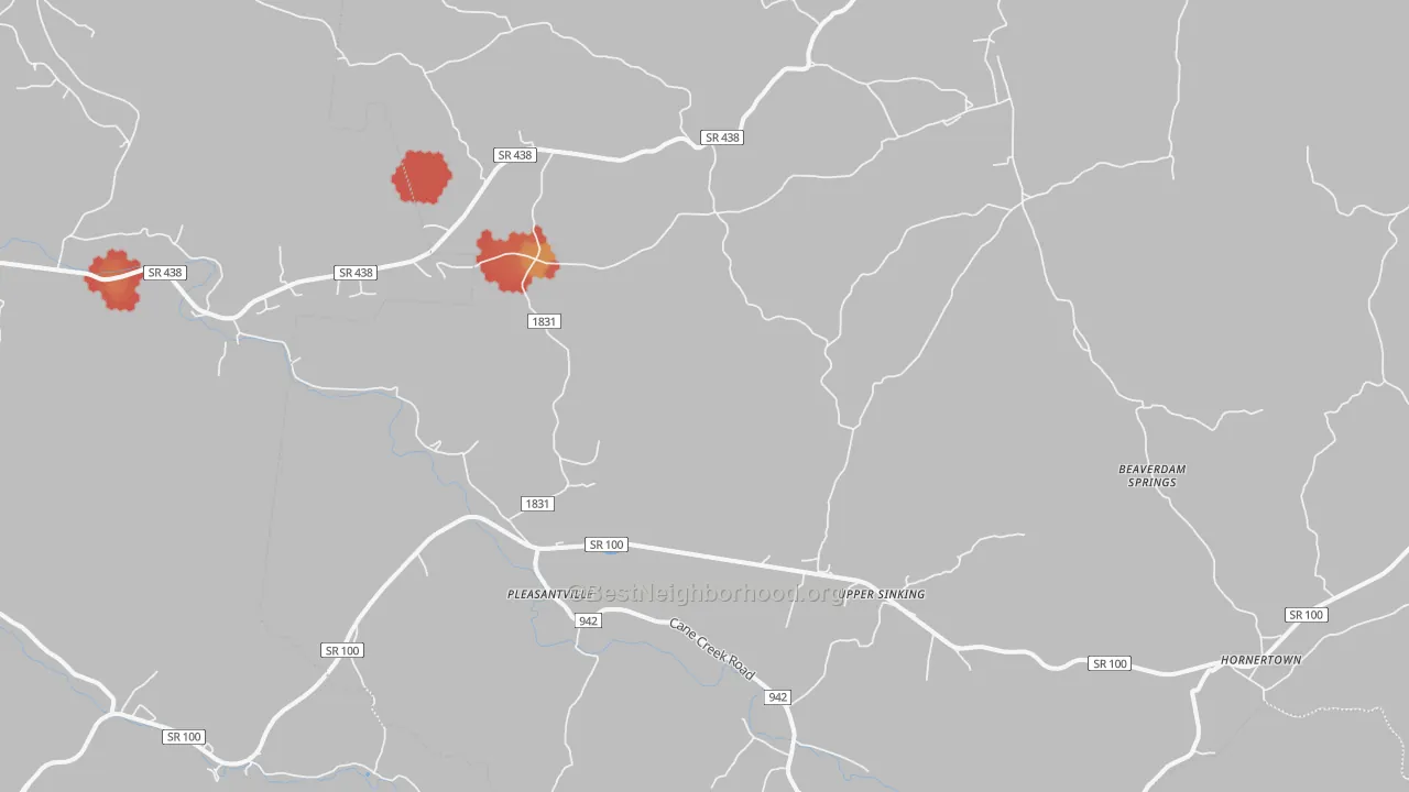 Walk Grade map of Pleasantville, TN, walkable areas in green and car-dependent areas in red