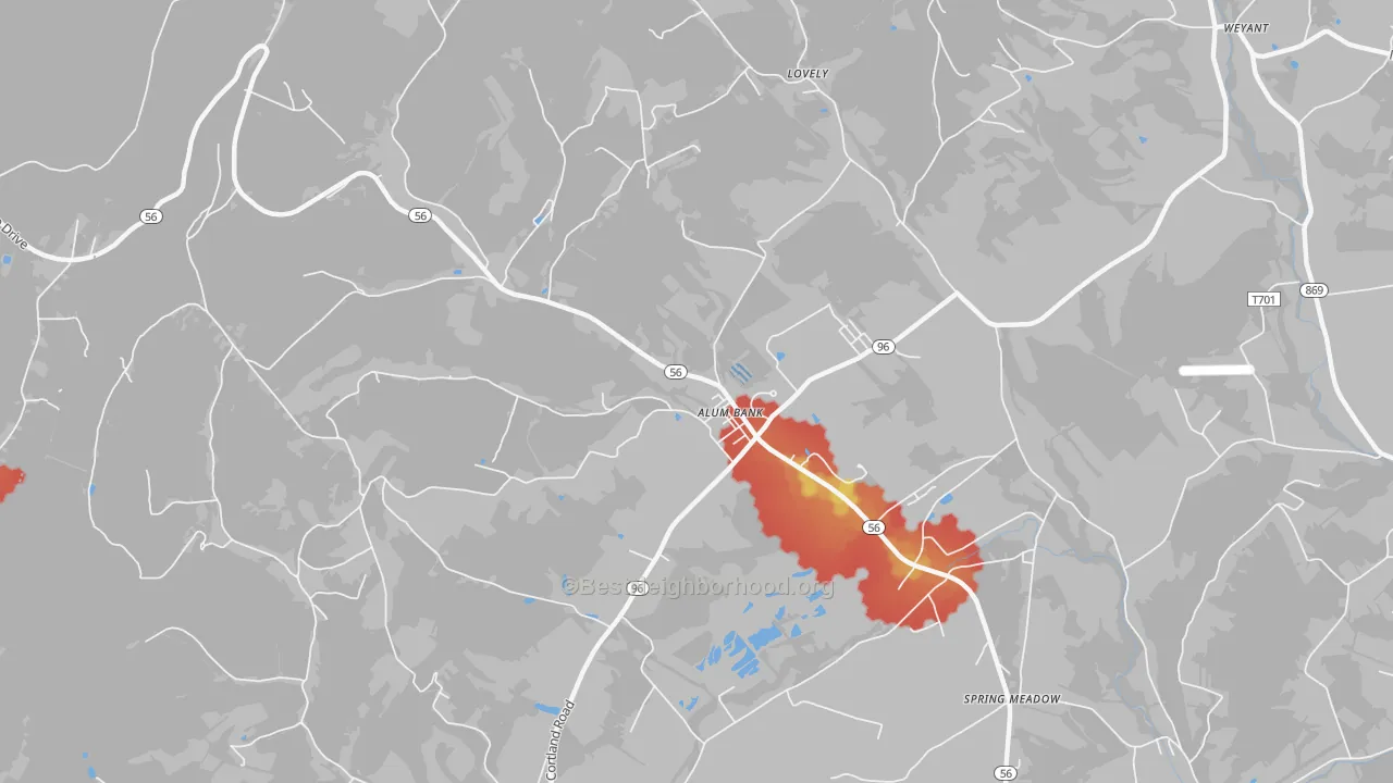 Walk Grade map of Pleasantville West St Clair, PA, walkable areas in green and car-dependent areas in red