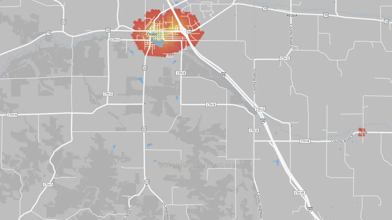 Walk Grade map of Pleasantville, WI, walkable areas in green and car-dependent areas in red