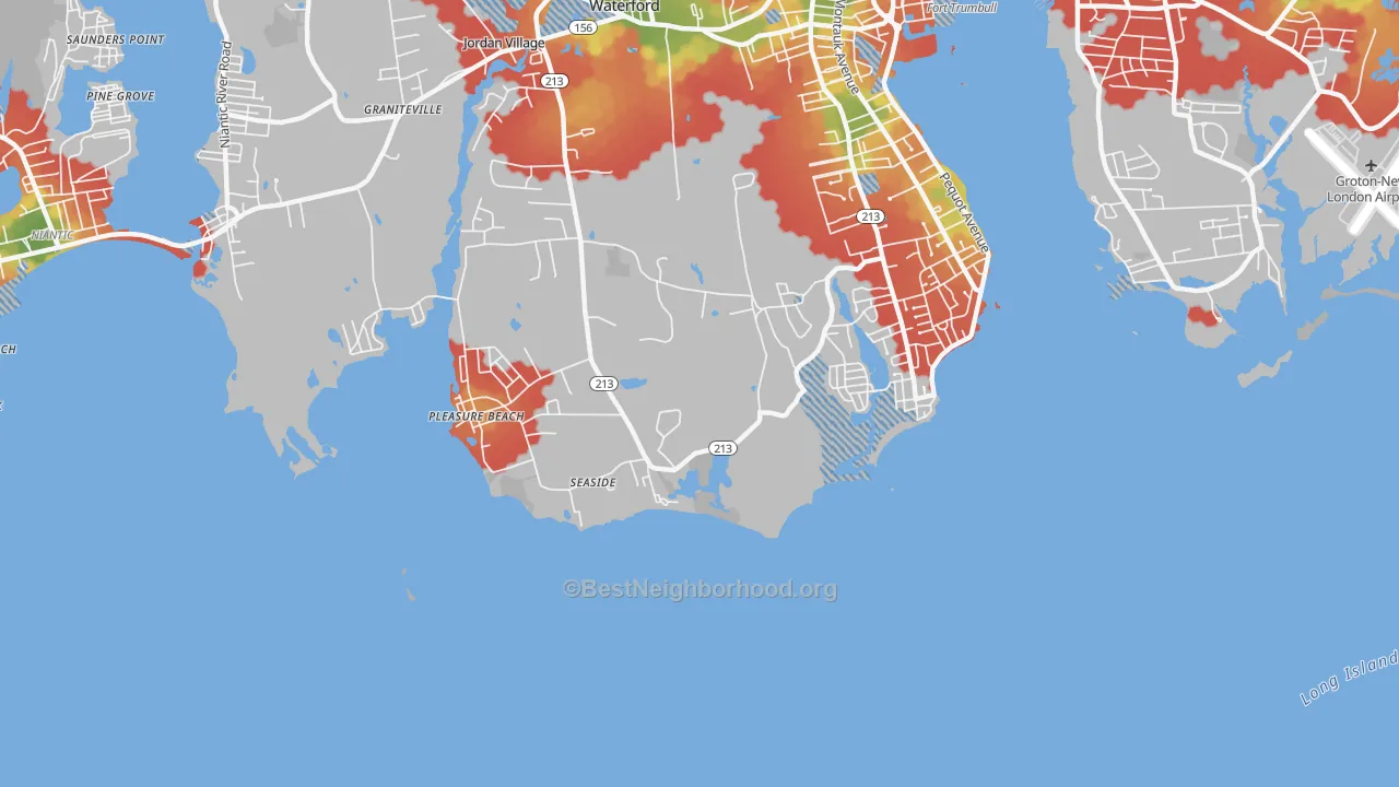 Walk Grade map of Pleasure Beach, CT, walkable areas in green and car-dependent areas in red