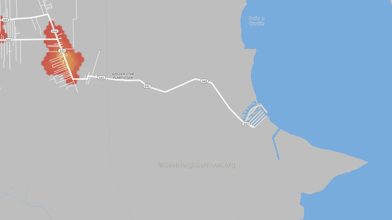 Walk Grade map of Pleasure Bend, LA, walkable areas in green and car-dependent areas in red