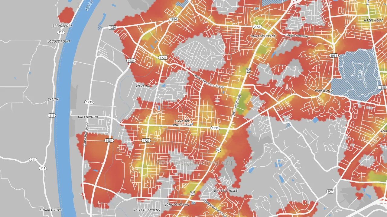 Walk Grade map of Pleasure Ridge Park, Louisville, KY, walkable areas in green and car-dependent areas in red
