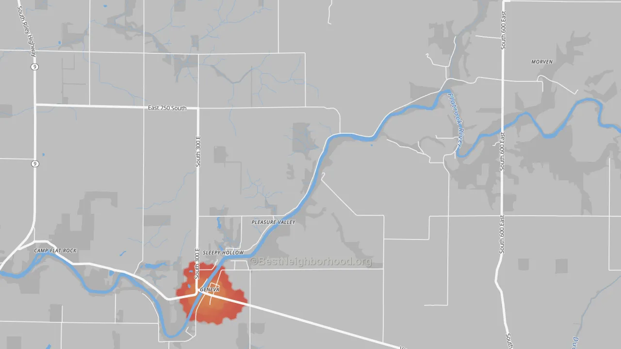 Walk Grade map of Pleasure Valley, IN, walkable areas in green and car-dependent areas in red