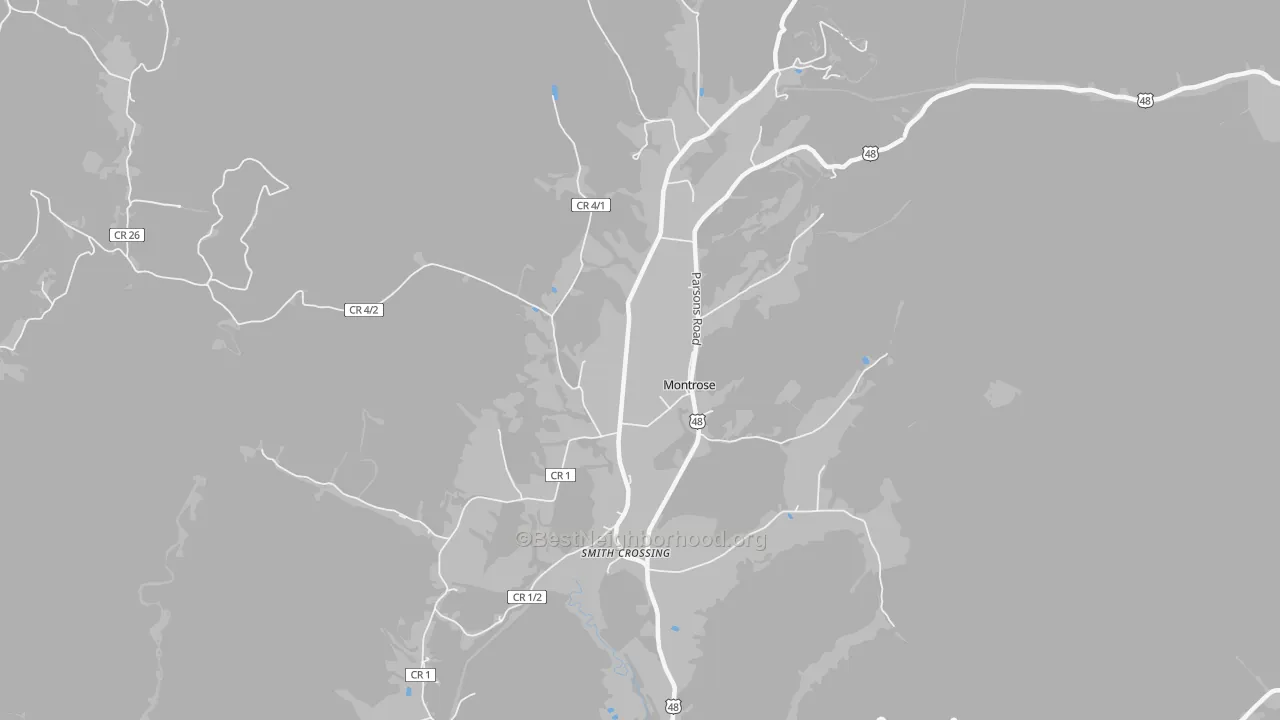 Walk Grade map of Pleasure Valley, WV, walkable areas in green and car-dependent areas in red