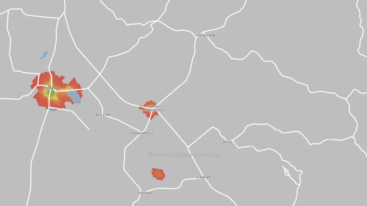 Walk Grade map of Pleasureville, KY, walkable areas in green and car-dependent areas in red