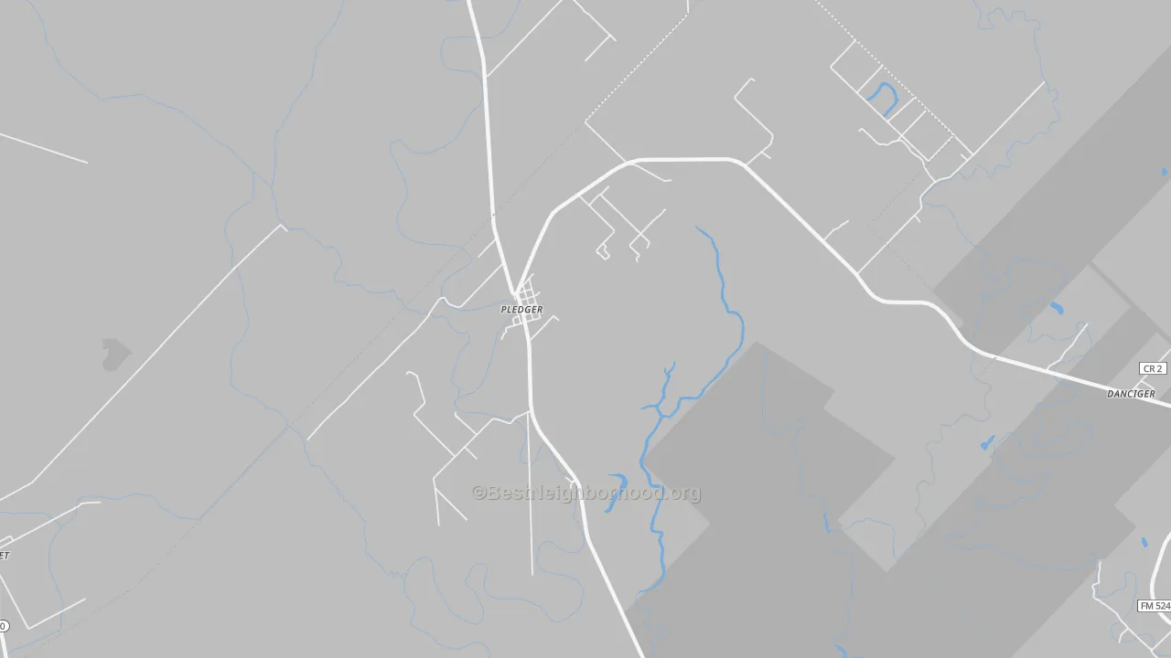 Walk Grade map of Pledger, TX, walkable areas in green and car-dependent areas in red
