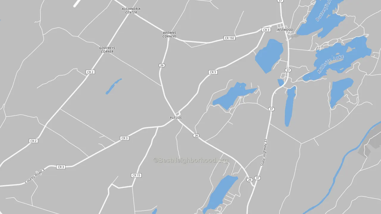 Walk Grade map of Plessis, NY, walkable areas in green and car-dependent areas in red
