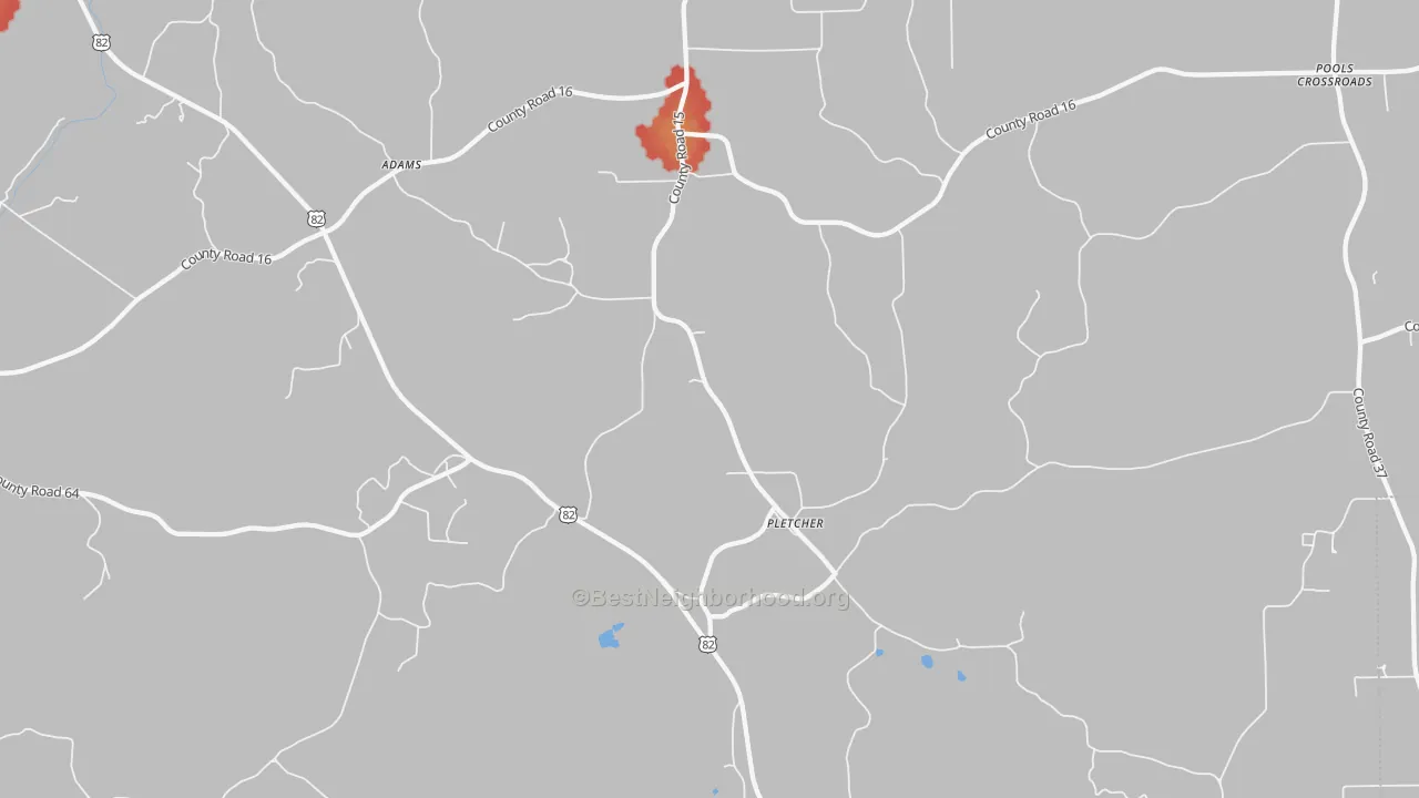 Walk Grade map of Pletcher, AL, walkable areas in green and car-dependent areas in red