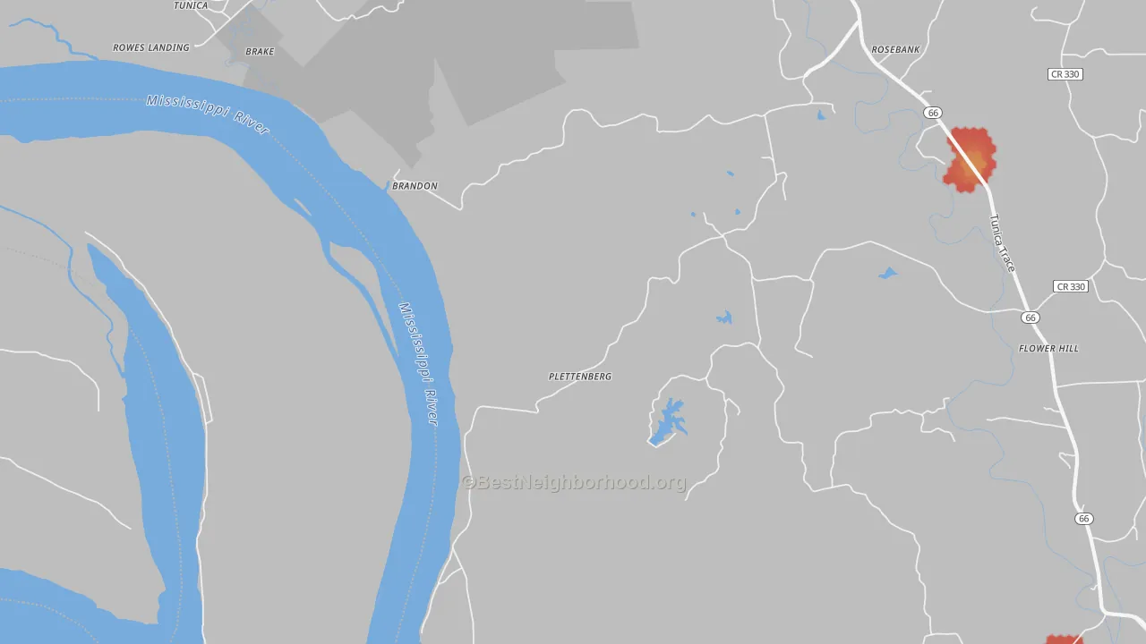Walk Grade map of Plettenberg, LA, walkable areas in green and car-dependent areas in red