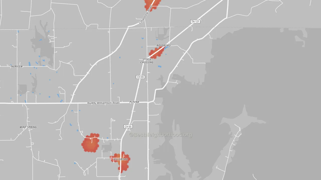 Walk Grade map of Plevna, AL, walkable areas in green and car-dependent areas in red
