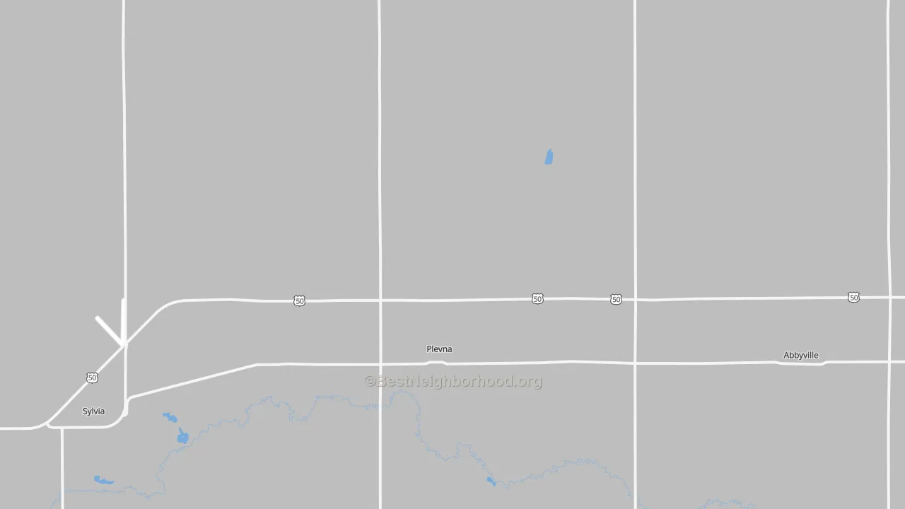 Walk Grade map of Plevna, KS, walkable areas in green and car-dependent areas in red