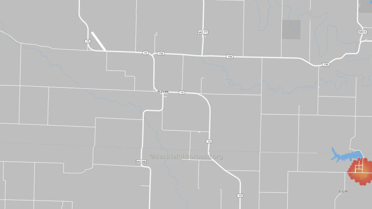 Walk Grade map of Plevna, MO, walkable areas in green and car-dependent areas in red