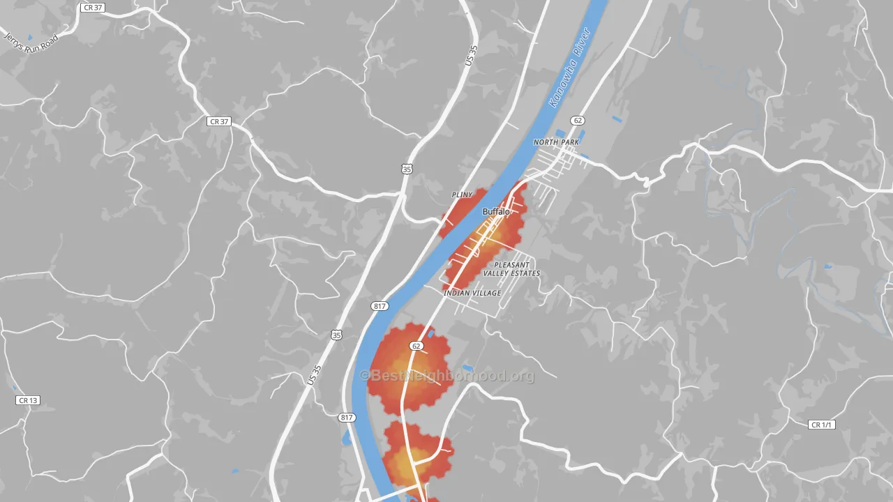 Walk Grade map of Pliny, WV, walkable areas in green and car-dependent areas in red