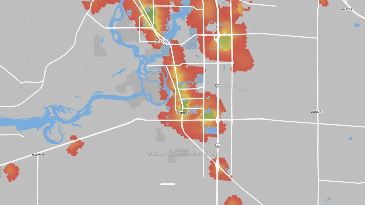 Walk Grade map of Plover, WI, walkable areas in green and car-dependent areas in red