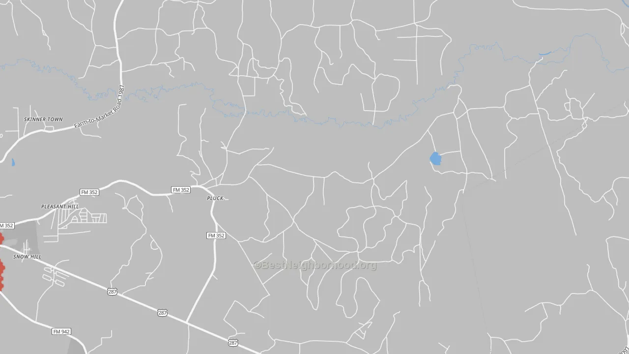 Walk Grade map of Pluck, TX, walkable areas in green and car-dependent areas in red