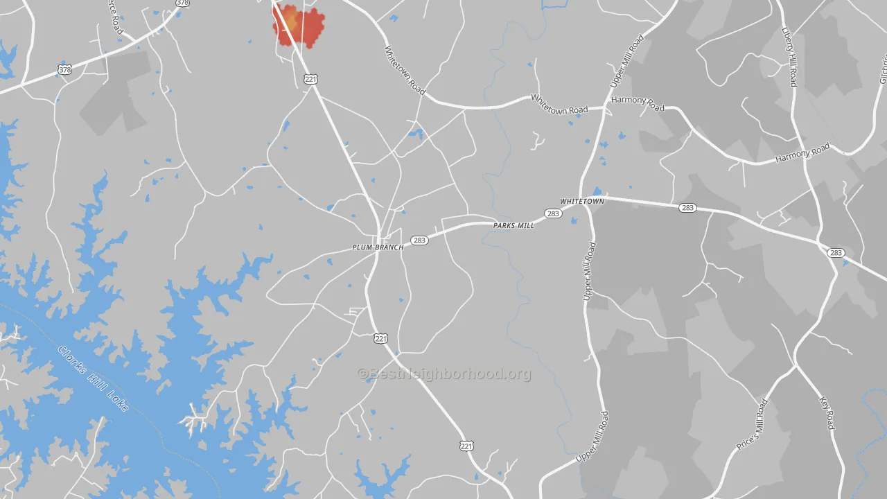 Walk Grade map of Plum Branch, SC, walkable areas in green and car-dependent areas in red