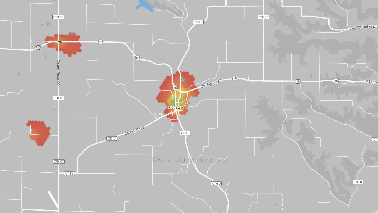 Walk Grade map of Plum City, WI, walkable areas in green and car-dependent areas in red