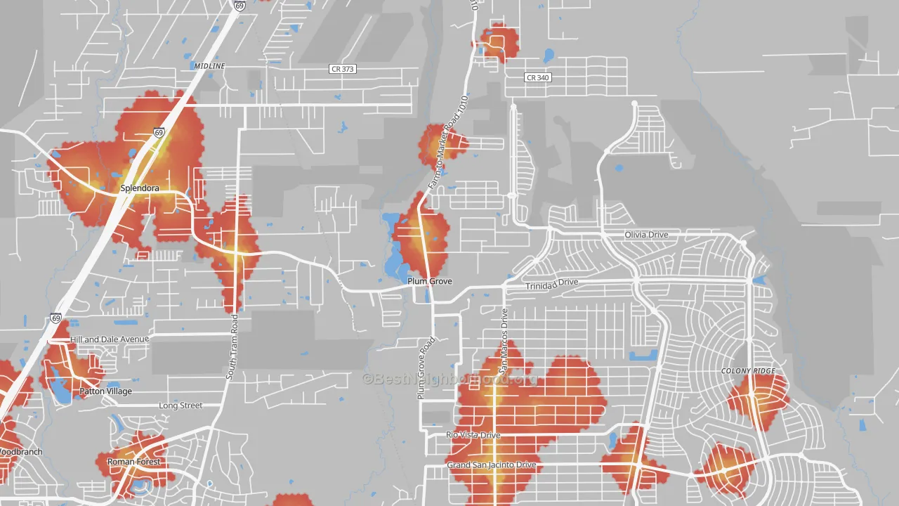 Walk Grade map of Plum Grove, TX, walkable areas in green and car-dependent areas in red