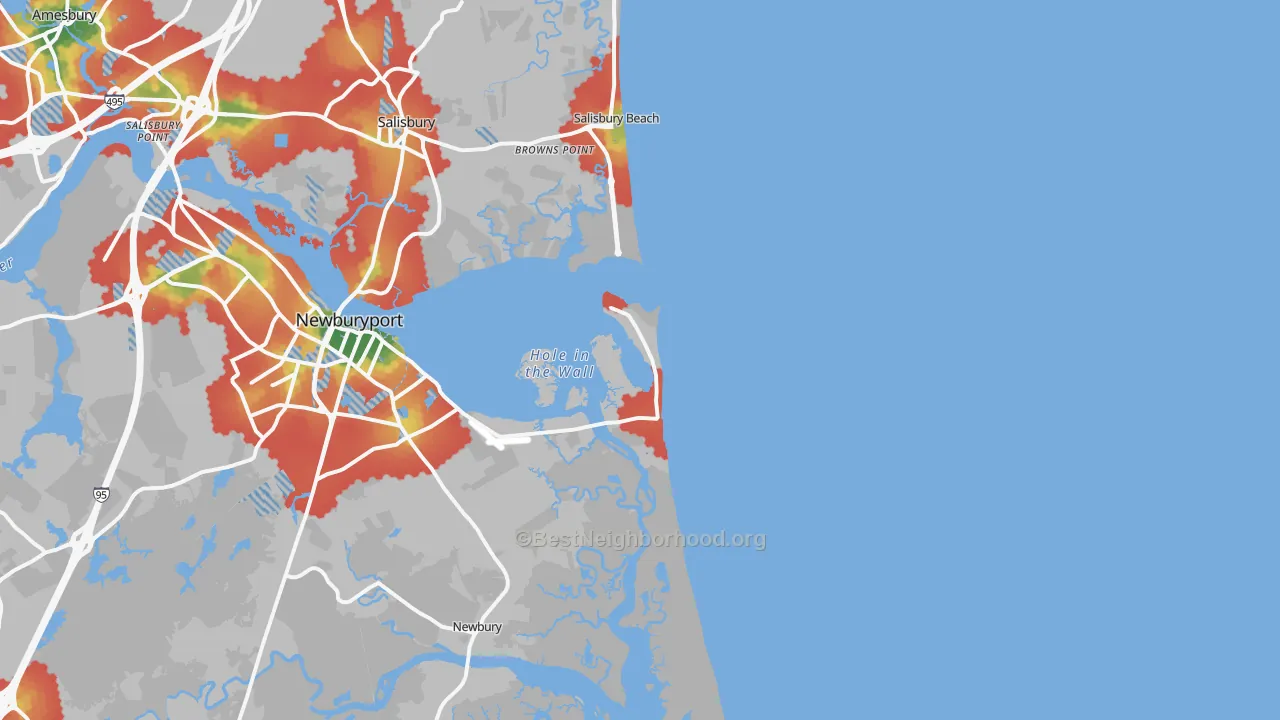 Walk Grade map of Plum Island, MA, walkable areas in green and car-dependent areas in red