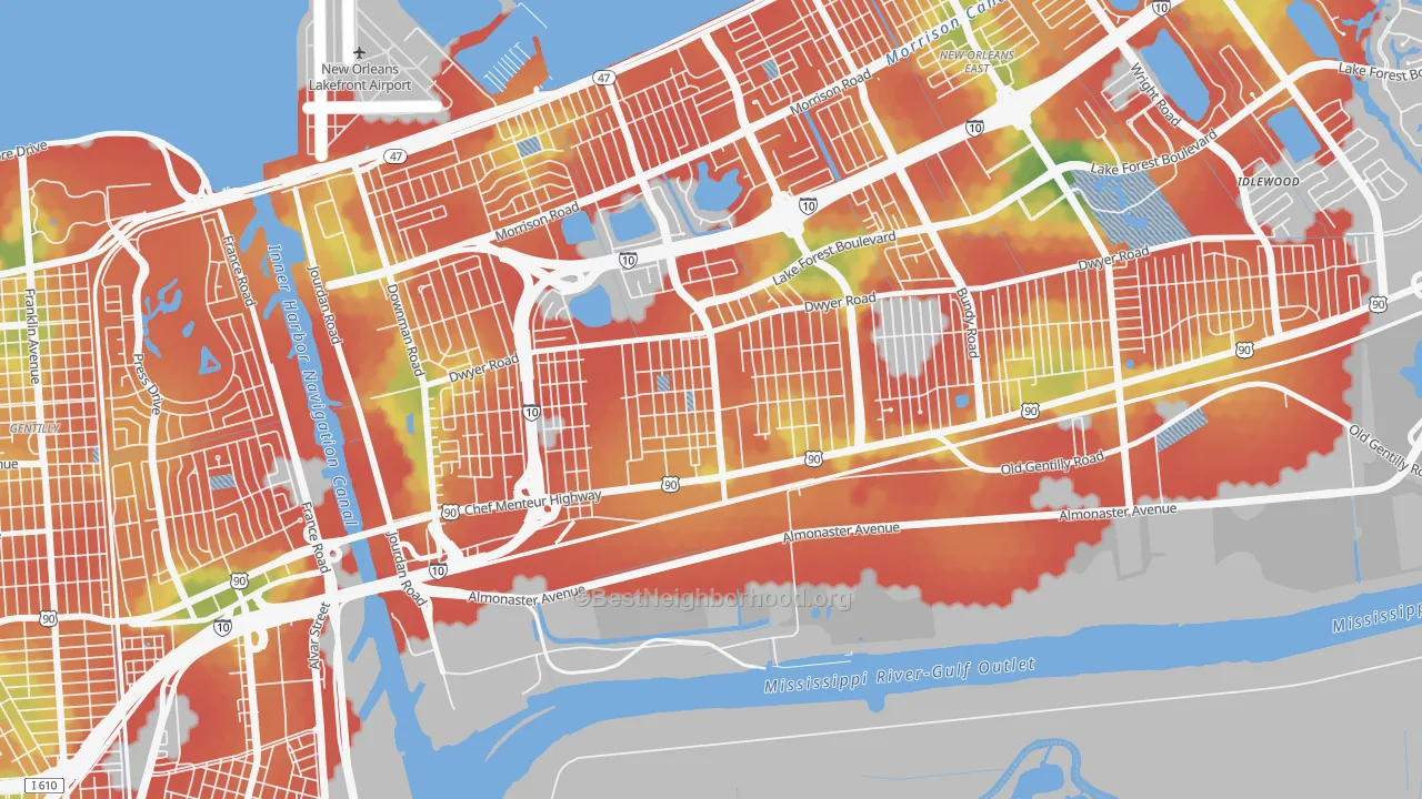 Walk Grade map of Plum Orchard, New Orleans, LA, walkable areas in green and car-dependent areas in red