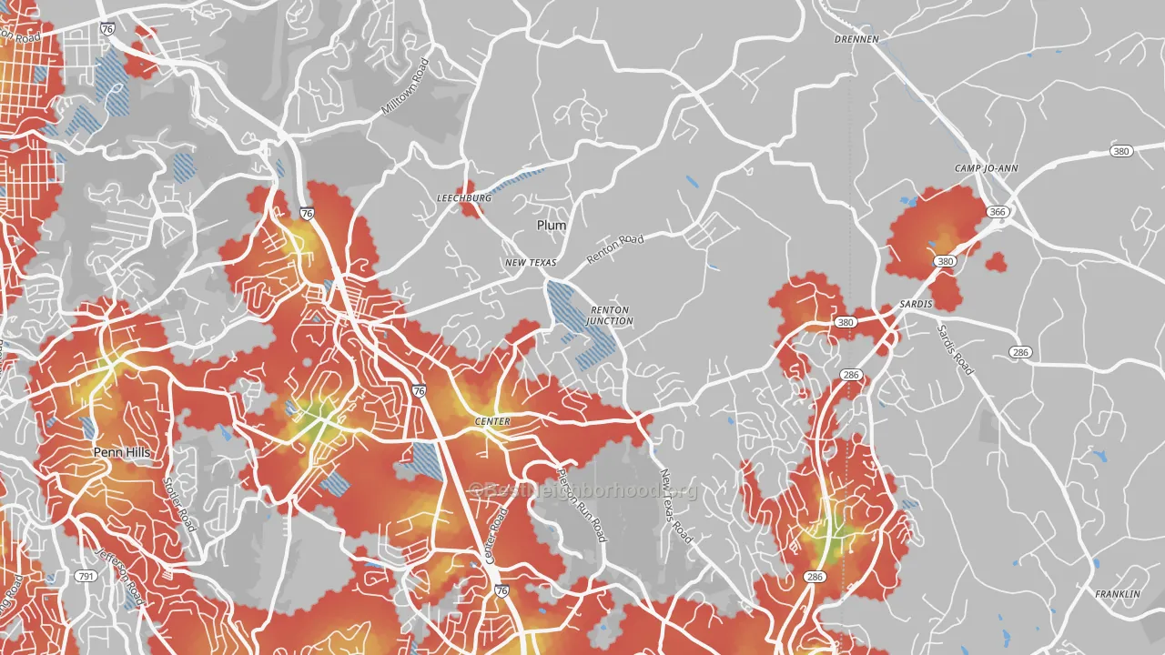 Walk Grade map of Plum, PA, walkable areas in green and car-dependent areas in red