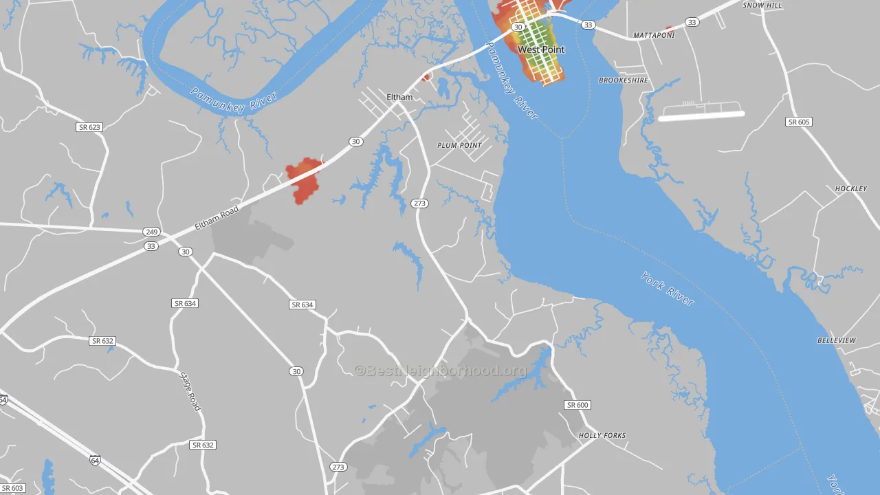 Walk Grade map of Plum Point, VA, walkable areas in green and car-dependent areas in red