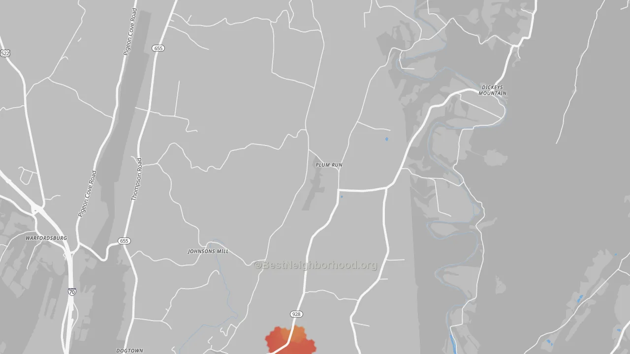 Walk Grade map of Plum Run, PA, walkable areas in green and car-dependent areas in red