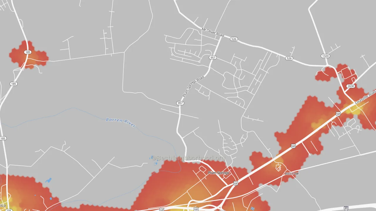 Walk Grade map of Plum Springs, KY, walkable areas in green and car-dependent areas in red