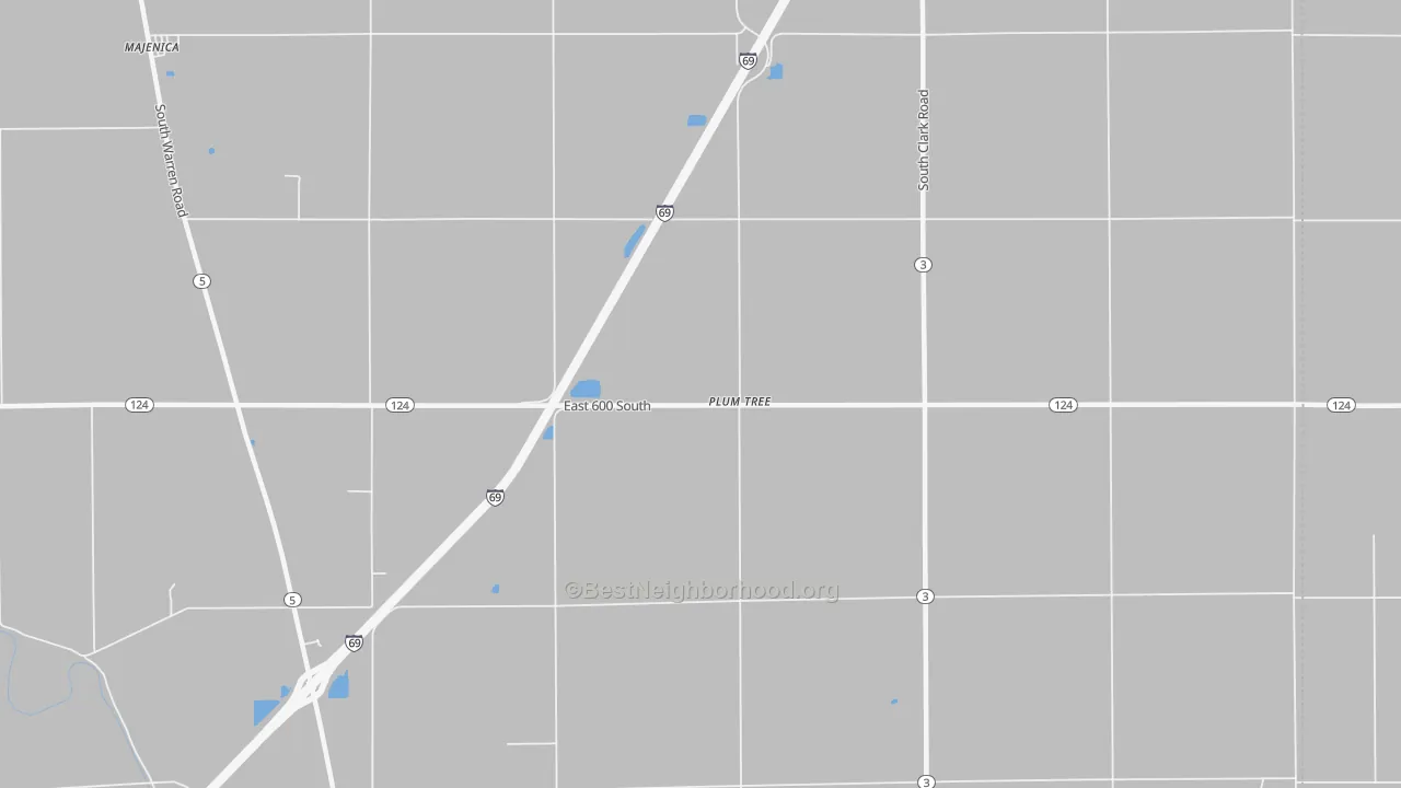 Walk Grade map of Plum Tree, IN, walkable areas in green and car-dependent areas in red