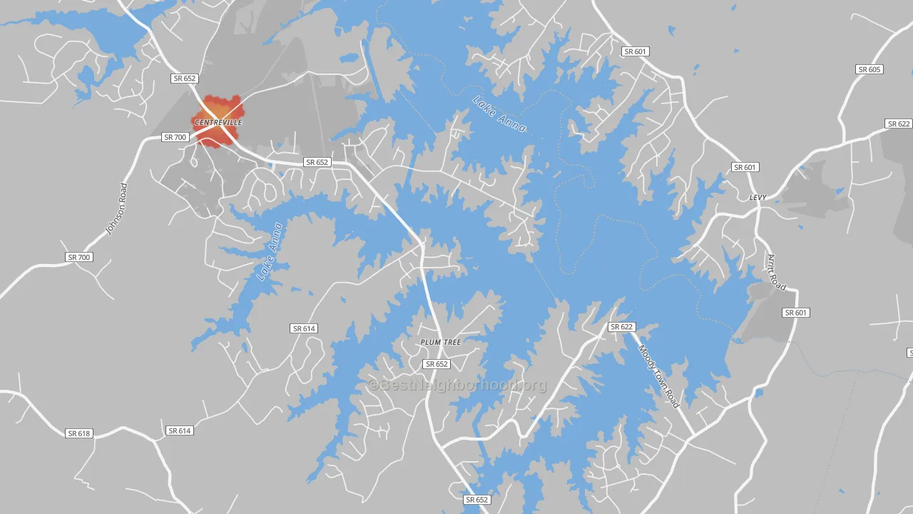 Walk Grade map of Plum Tree, VA, walkable areas in green and car-dependent areas in red