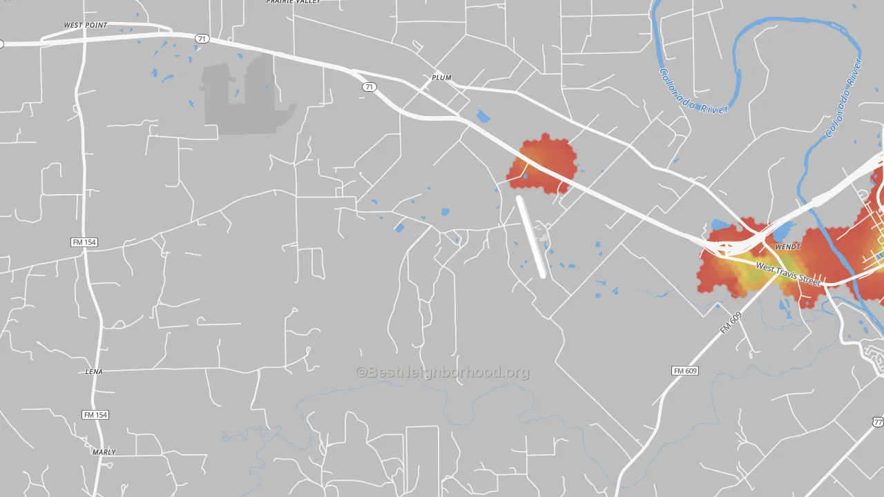 Walk Grade map of Plum, TX, walkable areas in green and car-dependent areas in red