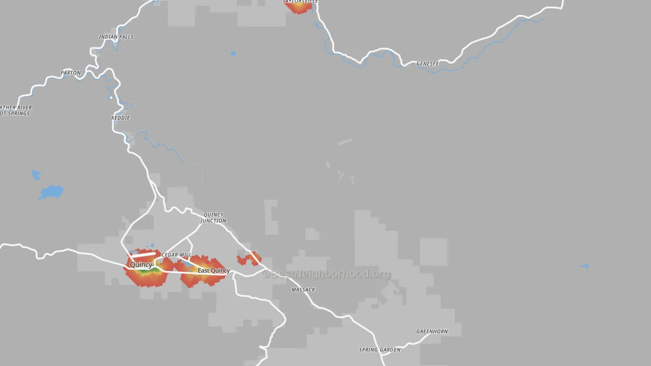 Walk Grade map of Plumas County, CA, walkable areas in green and car-dependent areas in red